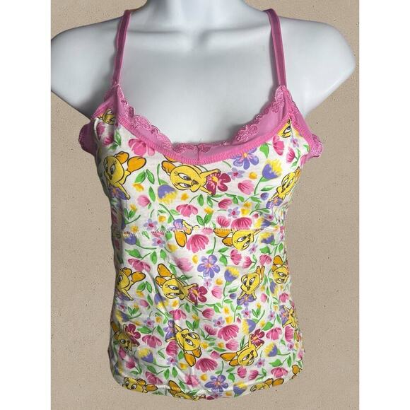Vintage Looney Tunes Tweety Bird Floral Cami Top Women’s Small Pink Lace Trim Y2 - Picture 1 of 7